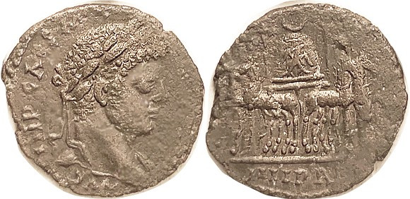 Elagabalus, Syria, Laodicea ad Mare, Æ31, Bust r/Frontal quadriga bearing Stone ...