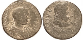 Philip II, Samaria, Neapolis, Æ27, Bust r/Serapis bust on eagle, Ros.78, VG/AF, greenish-brown with earthen hilighting, sl coarse, scant lgnds, busts ...