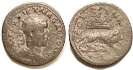 Trebonianus Gallus, Samaria, Neapolis, Æ26, Radiate bust r/Wolf & twins, Mt. Gerizim temple complex above, Sof.233, Harl 150; F, brown patina with som...