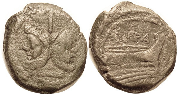 As, Spurius Afranius, 150 BC, Janus head/Prow, dolphin r, SAFRA above, Cr.206/2,...