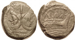 As, Spurius Afranius, 150 BC, Janus head/Prow, dolphin r, SAFRA above, Cr.206/2, Sy389; F, sl off-ctr, a little crude, dark green-brown, Janus faces c...