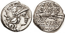 Den., C. Renius, Cr.231/1, Sy432, Roma hd r/Juno Caprotina in biga of goats, Choice EF, well centered with rev fully complete (quite rare for this), g...