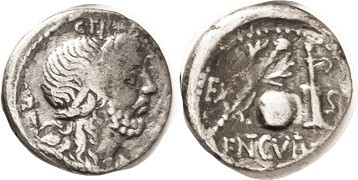 Cn. Lentulus, 76-75 BC, Den, Cr.393/1b, Sy752a, Genius head r/Globe, rudder, etc...