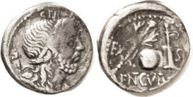 Cn. Lentulus, 76-75 BC, Den, Cr.393/1b, Sy752a, Genius head r/Globe, rudder, etc; F, a hair off-ctr, sl crudeness, hint of porosity. Very rare in this...