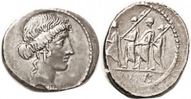 IMPERATORIAL. BRUTUS, Den, As moneyer 54 BC, Cr.433/1, Libertas hd r/Brutus w/3 figures; VF-EF, obv nrly centered, rev sl off-ctr with some wkness at ...
