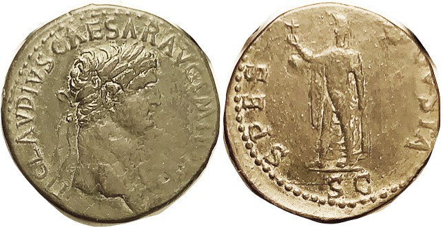 CLAUDIUS, Sest, SPES AVGVSTA, Spes stg l, VF+/F-VF, rev sl off-ctr, dark green p...