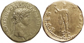 CLAUDIUS, Sest, SPES AVGVSTA, Spes stg l, VF+/F-VF, rev sl off-ctr, dark green patina, sl surface imperfections on obv, portrait strongly detailed & o...