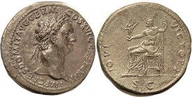 DOMITIAN, Sest, IOVI VICTORI, Jupiter std l; Choice AEF/VF, obv a touch off-ctr but lgnd complete, greenish-brown patina, subtle smoothing, superb det...