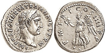 TRAJAN, Den., PM TRP COS IIII PP, Victory stg l; Choice EF, a hair off-ctr, full...