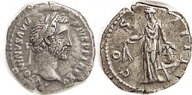 ANTONINUS PIUS, Den., COS IIII, Annona stg l, modius & prow, RIC204; AEF, sl ragged flan, full lgnds, decent metal with lt tone, well struck, fine sty...