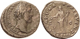 ANTONINUS PIUS, As, FORTVNA OBSEQVENS, Fortuna stg l, COS IIII in exergue; AVF, obv off-ctr, rev well centered, medium brown patina. RARE type! I foun...