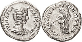 JULIA DOMNA, Den, MAT AVGG MAT SEN MPATR, Julia stg l; Choice EF, well centered, bright lustrous silver. Scarce type. (An EF/AEF brought $630, Kunker ...