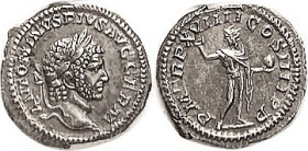 CARACALLA, Den, PM TRP XVIIII COS IIII PP, Sol stg l; RIC281b; Choice EF, well centered & sharply struck on a full flan; nicely toned; virtually invis...