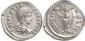 GETA, As Caesar, Den, FELICITAS PVBLICA, Felicitas stg l; EF, a smidgen off-ctr on full flan, complete lgnds, good strike, bright silver. (An EF with ...