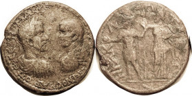 MACRINUS & DIADUMENIAN, Heraklea Salbake, Medallion, Æ40, Busts face-to-face/ Female crowning Ruler; F+/AF, somewhat uneven tan-brown, portaits & most...