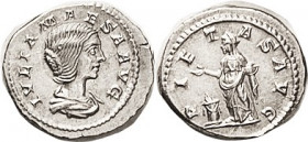 JULIA MAESA, Den, PIETAS AVG, Pietas stg l; Choice Virtually Mint State, a trifle off-ctr on large flan, full lgnds, quite well struck with no wkness,...