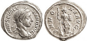 SEVERUS ALEXANDER, Den, ANNONA AVG, Annona stg r, Choice EF, well centered & sharply struck, crisp portrait with dapper beard, excellent metal with lt...