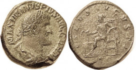 MAXIMINUS I, Sest, SALVS AVGVSTI, Salus std l; VF, well centered, dark green patina, ltly coarse, good big-chin portrait. (A VF realized $700, Peus 11...