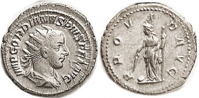 GORDIAN III, Ant, PROVID AVG, Providentia stg l; Choice VF, well centered on large flan, good strike, excellent metal with luster & lt tone. (A VF+ br...