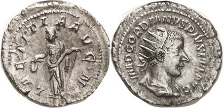 GORDIAN III, Ant, LAETITIA AVG N, Laetitia stg l, VF, centered on quite large fl...