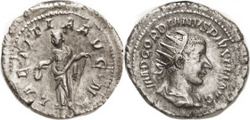 GORDIAN III, Ant, LAETITIA AVG N, Laetitia stg l, VF, centered on quite large flan, decent metal, minor lgnd crudeness. (A GVF sold for $124, Roma 9/1...