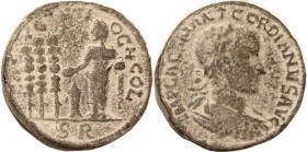 GORDIAN III, Antiochia, Æ35, Ruler sacrificing beside 3 standards; F-VF/F, centered, full obv lgnd, minimally rough dark green patina with bold earthe...