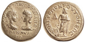 GORDIAN & TRANQUILLINA, Tomis, Æ27, busts face-to-face/Asklepios stg l; F-VF/VF, centered, most of lgnds present, 2-toned olive-brown patina. Scarce r...