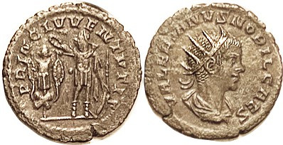 VALERIAN II, Ant, PRINCIPI IVVENTVTIS, Val crowning trophy; AEF/VF, well centere...