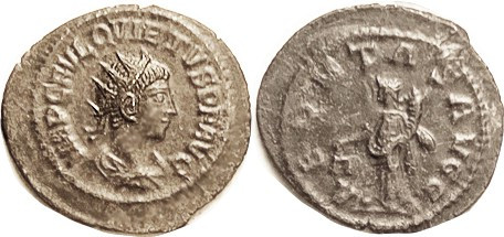 QUIETUS, Ant, AEQVITAS AVGG, Aequitas stg l; AEF/VF, sl off-ctr but unusually la...