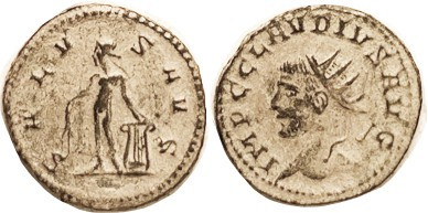CLAUDIUS II, Ant, bust left /SALVS AVG, Apollo stg l, with lyre; Choice VF, perf...