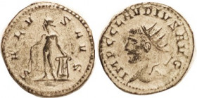 CLAUDIUS II, Ant, bust left /SALVS AVG, Apollo stg l, with lyre; Choice VF, perfectly centered, well struck, dark greenish patina with strong earthen ...
