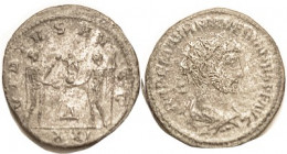 NUMERIAN, As Aug, Ant, VIRTVS AVGG, Ruler & Jupiter stg; VF, silvered with murky grainy grey-green tone. (An AVF brought $41 on $45 bid in my 1/10 sal...