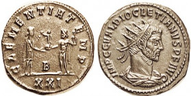 DIOCLETIAN, Ant, CLEMENTIA TEMP, Jupiter gives Victory to Ruler, B/XXI; Choice EF, perfectly centered & sharply struck, glowing dark brown surfaces, p...