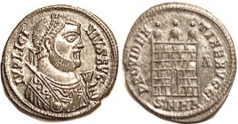 LICINIUS I, Æ3, Mantled bust r, hldg globe & mappa/ PROVIDENTIAE AVGG, camp gate, A/SMHA; Superb EF+, virtu-ally mint state, centered & sharply struck...