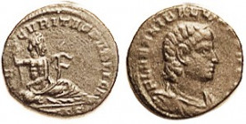 HANNIBALIANUS, Æ3, SECVITAS PVBLICA, Euphrates recl r, mintmk mostly off but must be CONSS; AVF, lgnds partly wk/off, dark brown, nice portrait with m...