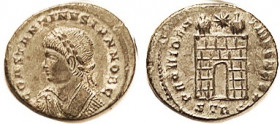 CONSTANTINE II, Æ3, bust l./PROVIDENTIAE CAESS, camp gate, STR; EF/VF-EF, rev sl off-ctr, lgnd partly wk, smooth dark green patina with sl hilighting,...