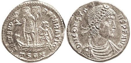 CONSTANS, Æ Cent, FEL TEMP REPARATIO, Ruler hldg labarum & Phoenix on galley ste...