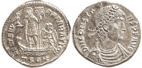 CONSTANS, Æ Cent, FEL TEMP REPARATIO, Ruler hldg labarum & Phoenix on galley steered by Victory, TSE*; EF, virtually as struck with toned lustrous sil...