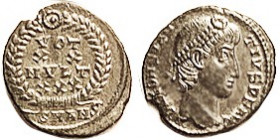 CONSTANTIUS II, Æ4, VOT XX MVLT XX in wreath, SMANS; Choice EF, sl off-ctr, sharp portrait & rev features, glossy dark green patina. (An EF realized $...