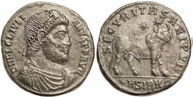 JULIAN, Æ1, SECVRITAS REIPVB, bull stg r, *ASIRM-wreath; EF, well centered on full round flan, dark greenish patina, sl surface disturbances; nice bol...