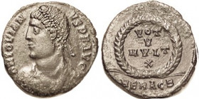 JOVIAN, Æ3, bust l./VOT V MVLT X in wreath, HERACB; VF, well centered on large flan, glossy dark brown patina, touch of roughness mainly on rev, stron...