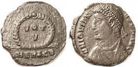 JOVIAN, Æ3, Bust l./VOT V in wreath, HERACB; VF, obv sl off-ctr, dark brown patina, sl roughness mainly on rev. Good portrait detail (A GVF brought $2...
