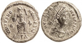 GRATIAN, Æ3, VIRTVS ROMANORVM, Roma std, ANTA; VF-EF, centered, some lgnd crudeness, dark green patina with sl roughness & hilighting; sharp EF hair d...