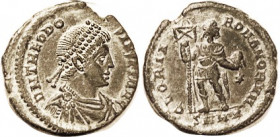 THEODOSIUS I, Æ2, GLORIA ROMANORVM, Ruler stg w/globe & labarum, SMHA; EF/VF+, obv sl off-ctr on sl ragged flan, glossy dark green patina with paler g...