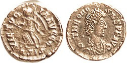 THEODOSIUS I, Æ4, VICTORIA AVGGG, Victory adv l, BSIS; EF/VF+, well centered & struck, lt brown, excellent for this. (A Near EF brought $87, Naumann 1...
