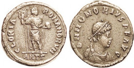 HONORIUS, Æ2, GLORIA ROMANORVM, Ruler stg w/ globe & labarum, ANTG; Choice VF, perfectly centered & well struck, good darkish brown surfaces. Try to f...