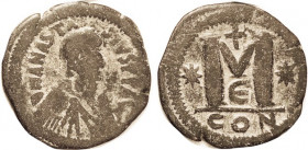 ANASTASIUS I, Follis, S19, Offic.E; F/AVF, big 34 mm flan, smooth dark greenish patina with earthen hilighting. Nice bold coin. (A F was sold for $225...