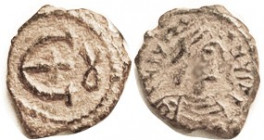 JUSTINIAN I, 5N, S243, F+/VF, centered, obv somewhat crude, rev bold, dark patina with earthen hilighting in back-grounds. (A VF realized $110, Vecchi...