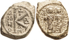 JUSTIN II, 1/2 Follis, S366, TES-Delta; VF, centered on elongated flan, dark green patina with earthen hilighting; much detail on figures. (Clearly mu...