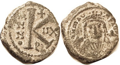 MAURICE, 1/2 Follis, S535, Facg bust/Large K, Theoupolis, IIX; F-VF, dark greeni...